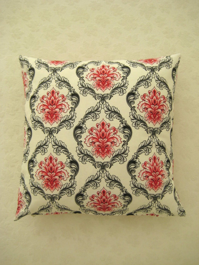Red Damask Pillow Cover Cream Linen Fabric With Red and Dark Etsy