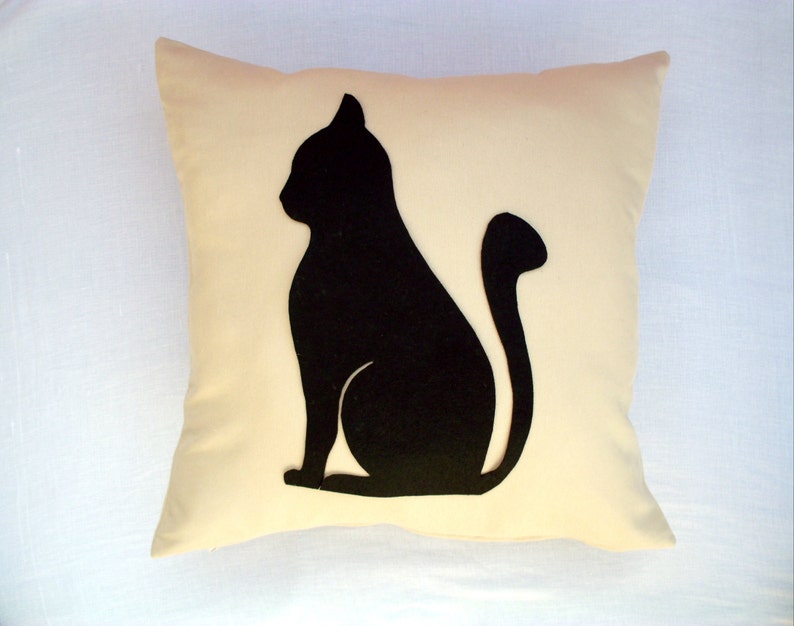 Black Cat pillow cover Cream linen pillow with felt cat Etsy