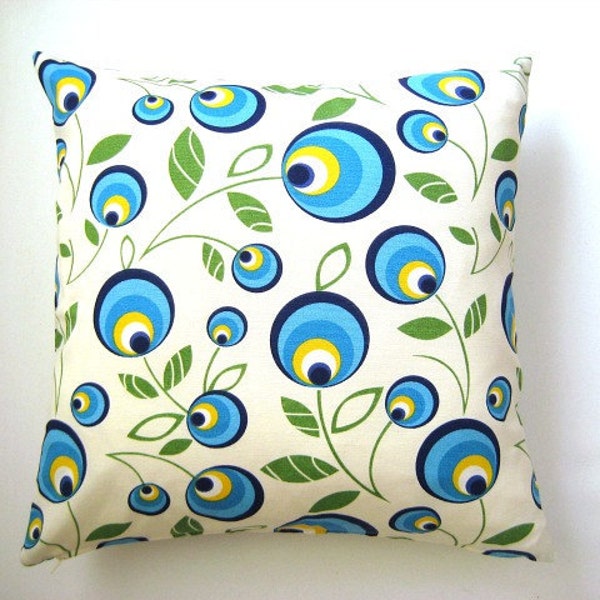 Blue Pillow Cover - Cream Linen with Blue, Green and Yellow Peacock or Lucky Eye Print on it - 18x18" - Gift for Mom - Ready to Ship