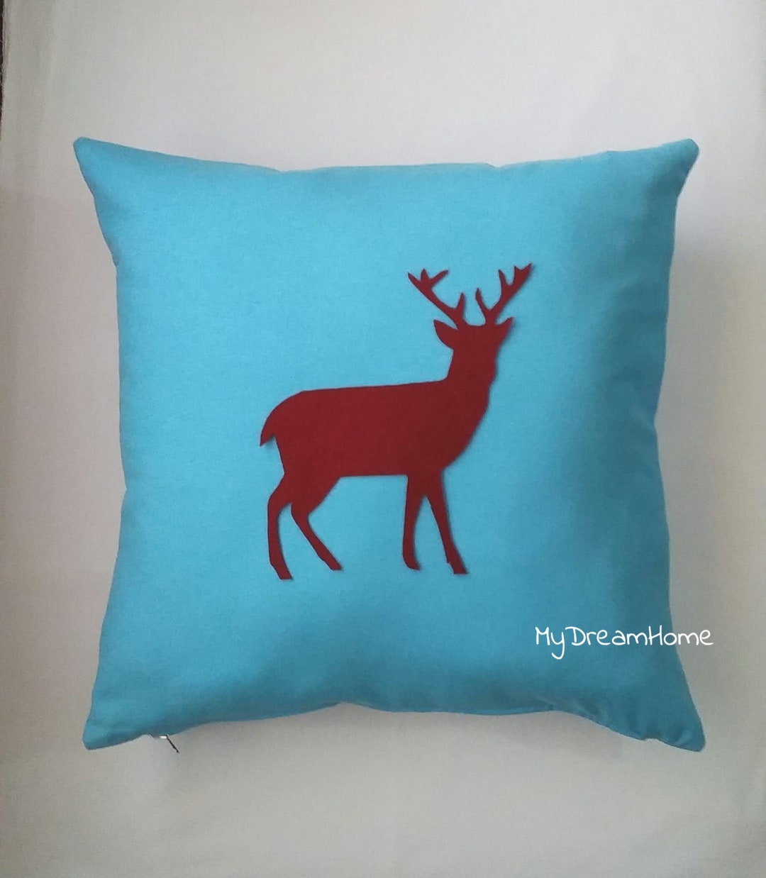 Red Deer Pillow Cover Blue Linen Pillow With Felt Burgundy Etsy