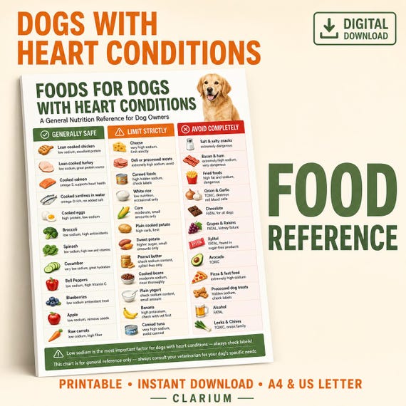 Foods for Dogs with Heart Conditions Printable | Low Sodium Dog Food Chart | Dog Heart Health Reference PDF | A4 & US Letter
