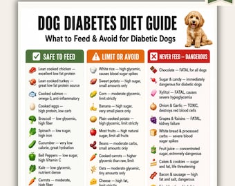 Alimentos para perros diabéticos (imprimible) / Tabla de alimentos para perros con diabetes / Alimentos seguros y a evitar (PDF) / Guía para dueños de perros diabéticos / Tamaño carta estadounidense A4