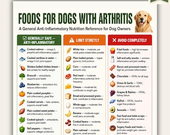 Alimentos para perros con artritis (imprimible) / Tabla de alimentos antiinflamatorios para perros / Referencia en PDF sobre la salud articular canina / Formatos A4 y Carta estadounidense