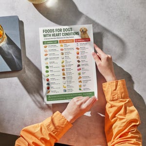 May include: A white informational chart titled Foods for Dogs with Heart Conditions, featuring a golden retriever illustration and three color-coded columns labeled Generally Safe, Limit Strictly, and Avoid Completely, with various food icons and text.