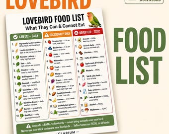 Lista de alimentos para agapornis (imprimible) / ¿Qué pueden comer los agapornis? / Alimentos seguros y tóxicos (PDF) / Tabla de dieta para agapornis / Tamaño A4 (carta estadounidense) / Descarga instantánea