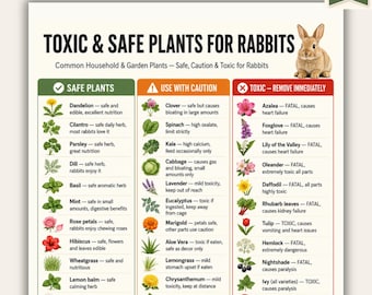 Plantas tóxicas para conejos (imprimible) / Plantas seguras y tóxicas para conejos (PDF) / Tabla de seguridad de plantas para conejos / Tamaño A4 (carta estadounidense) / Descarga instantánea