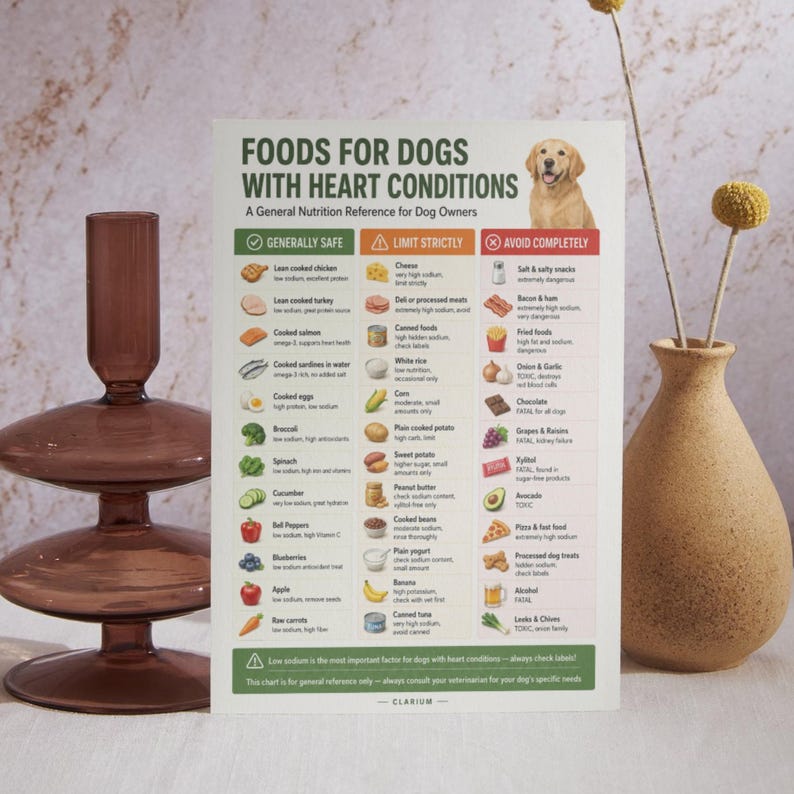 May include: A rectangular informational chart titled Foods for Dogs with Heart Conditions, featuring a golden retriever illustration and three color-coded columns labeled Generally Safe, Limit Strictly, and Avoid Completely with food icons and text.