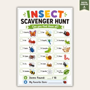 Puede incluir: Una hoja de actividades Insect Scavenger Hunt con el título en letras coloridas y una lista de 18 elementos para encontrar, incluyendo mariposa, abeja, mariquita, hormiga, libélula, saltamontes, escarabajo, oruga, polilla, araña, caracol, gusano, mosca, grillo, luciérnaga, abejorro, telaraña y hoja con agujeros.