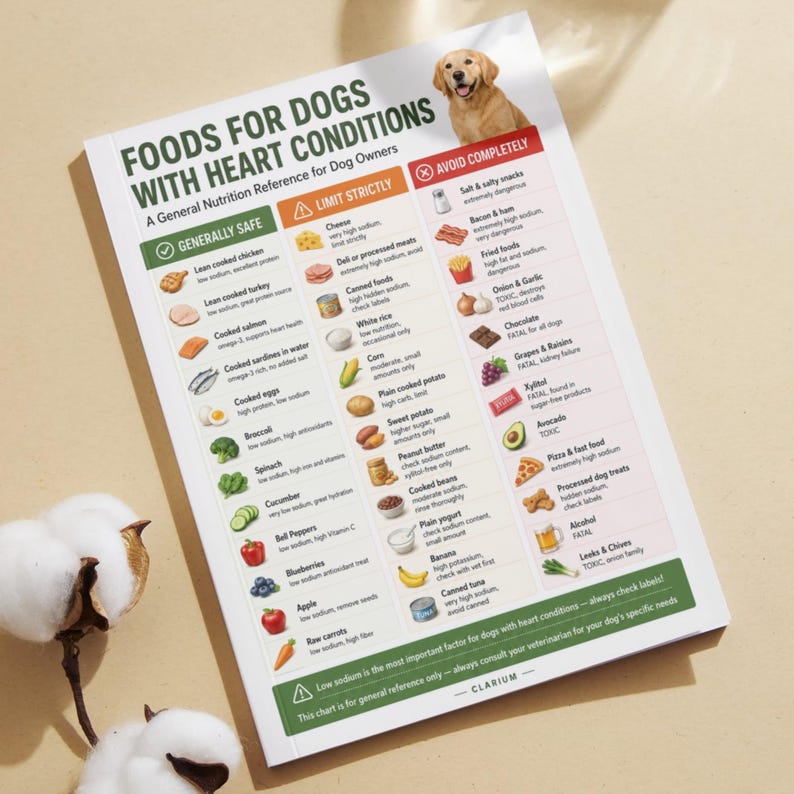 May include: A white informational chart titled Foods for Dogs with Heart Conditions featuring a golden retriever illustration. The document organizes food items into three color-coded columns labeled Generally Safe, Limit Strictly, and Avoid Completely.
