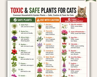 Plantas tóxicas para gatos (imprimible) / Plantas de interior seguras y tóxicas para gatos (PDF) / Tabla de plantas seguras para gatos / Tamaño A4 (carta estadounidense) / Descarga instantánea