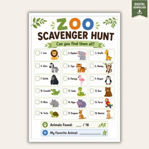 Op de afbeelding: Een Zoo Scavenger Hunt activiteitenblad met de titel in groen en blauw, met een lijst van 18 genummerde dieren waaronder leeuw, olifant, giraf, zebra, tijger, aap, gorilla, flamingo, pinguïn, krokodil, slang, beer, neushoorn, nijlpaard, papegaai, schildpad, kangoeroe en stokstaartje, met selectievakjes.