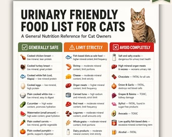 Lista de alimentos aptos para la salud urinaria de los gatos (imprimible) / Tabla de alimentos para la salud urinaria felina / Referencia de alimentos bajos en minerales para gatos (PDF) / Formatos A4 y Carta estadounidense