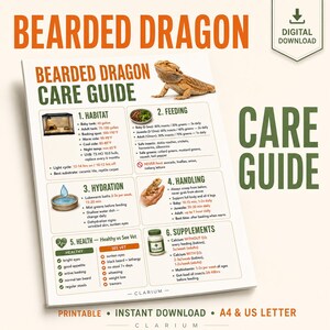 Peut inclure: Un guide de soins pour dragon barbu en téléchargement numérique avec un lézard beige, six sections numérotées sur l'habitat, l'alimentation, l'hydratation, la manipulation, la santé et les suppléments, avec du texte orange et vert.