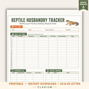 Może przedstawiać: Drukawalny arkusz do monitorowania hodowli gadów z tytułem REPTILE HUSBANDRY TRACKER, ilustracją gekona lamparciego oraz sekcjami na informacje o zwierzęciu, dziennikiem karmienia, rejestrem wylinki i śledzeniem wagi dla zdrowia.