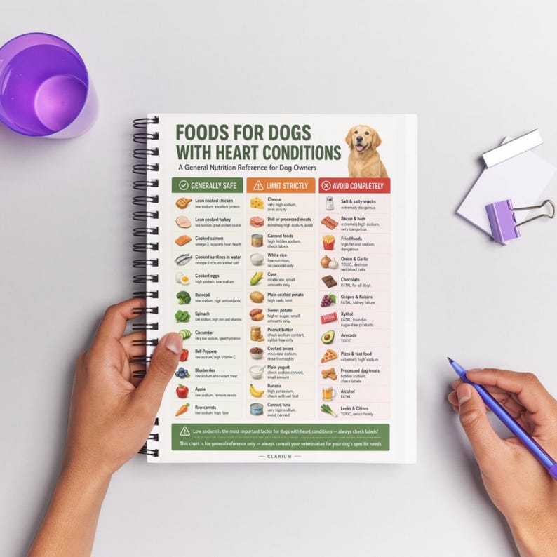 May include: A spiral-bound reference chart titled Foods for Dogs with Heart Conditions, featuring a golden retriever image and a three-column table categorized by safety levels: Generally Safe, Limit Strictly, and Avoid Completely with icons.