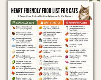 Lista de alimentos saludables para gatos (imprimible) / Tabla de alimentos bajos en sodio para gatos / Referencia de salud cardíaca felina en PDF / Formatos A4 y Carta / Descarga instantánea