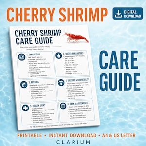 Cherry Shrimp Care Guide Printable | Complete Shrimp Care Sheet PDF | Tank Setup Water Parameters Breeding Health | A4 & US Letter