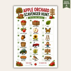 Puede incluir: Una hoja de actividades de búsqueda del tesoro en el huerto de manzanas con el título y dieciocho casillas numeradas con ilustraciones de elementos como una manzana, caja, hoja, mariposa, bellota, girasol, escalera, cesta, vagón, espantapájaros, tractor, maíz, letrero, pastel, pájaro y mesa.