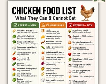 Lista de alimentos para pollos (imprimible) / ¿Qué pueden comer los pollos? / Alimentos seguros y tóxicos (PDF) / Tabla de alimentación para pollos de traspatio / Tamaño carta estadounidense A4