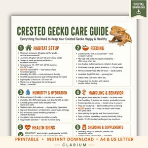 May include: A digital download care guide for crested geckos featuring a brown gecko illustration. The text includes sections on habitat setup, feeding, humidity, hydration, handling, behavior, health signs, shedding, and supplements for pet care.