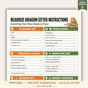 Może przedstawiać: Cyfrowy szablon do pobrania zatytułowany Bearded Dragon Sitter Instructions z grafiką brodatego smoka. Formularz zawiera sekcje dotyczące informacji o zwierzęciu, harmonogramu karmienia, temperatury, oświetlenia, wody oraz opieki.