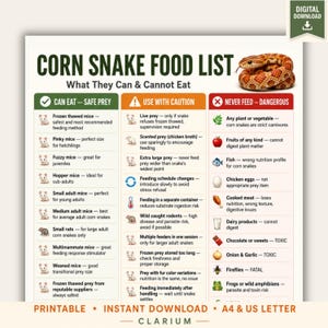May include: A digital download chart titled Corn Snake Food List: What They Can & Cannot Eat. The chart features an orange and brown corn snake at the top and three columns categorised by green, orange, and red headers detailing safe prey.
