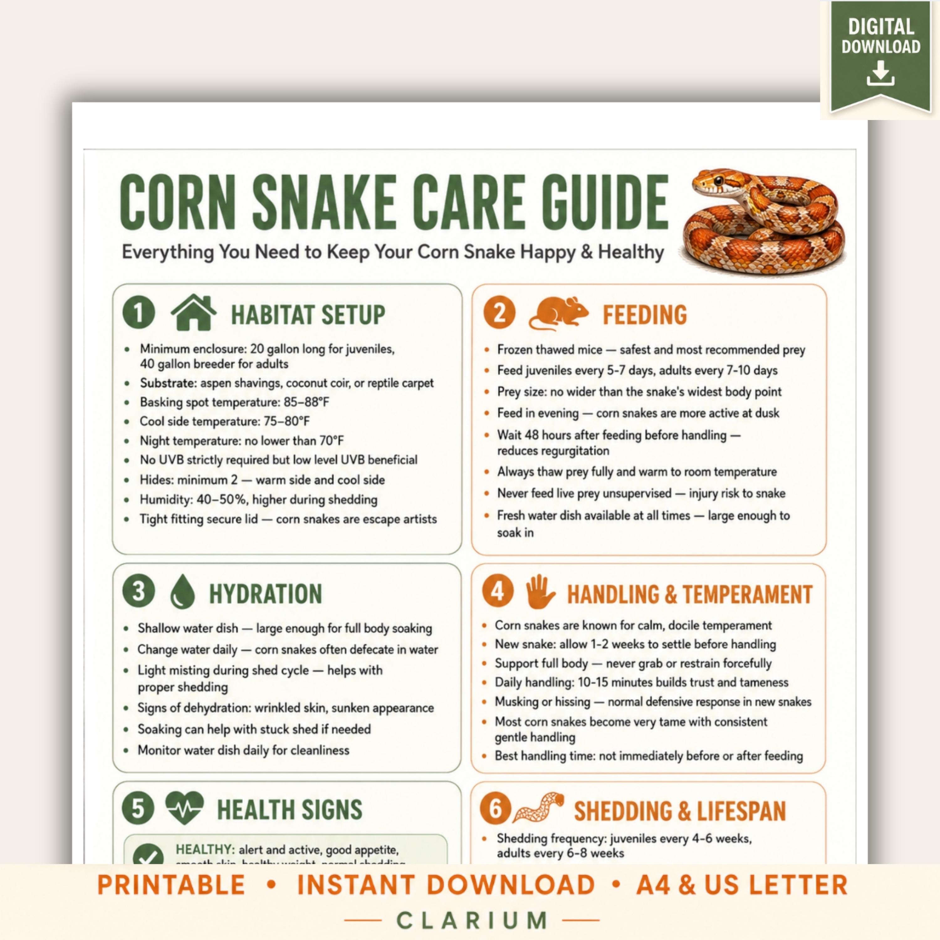 Corn Snake Care Guide Beginner Reptile Habitat Feeding Handling Enclosure Setup Health Reference A4 US Letter Printable