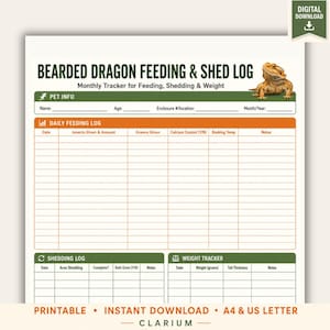 Può includere: Un registro digitale stampabile per l'alimentazione e la muta del drago barbuto con la foto di un drago barbuto. Il modulo include sezioni per le informazioni sull'animale, un registro di alimentazione giornaliero, un registro della muta e un peso.