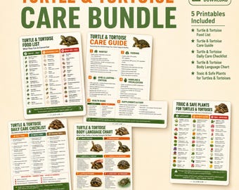Paquete imprimible para el cuidado de tortugas terrestres y acuáticas / Kit completo para el cuidado de tortugas en PDF / Lista de alimentos / Guía de cuidados / Lista de verificación / Lenguaje corporal / Plantas / Tamaño A4 Carta de EE. UU.