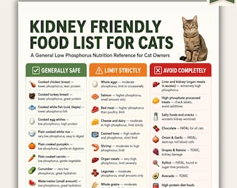 Lista de alimentos aptos para gatos con problemas renales (imprimible) / Tabla de alimentos bajos en fósforo para gatos / Referencia sobre la salud renal de los gatos (PDF) / Formatos A4 y carta estadounidense