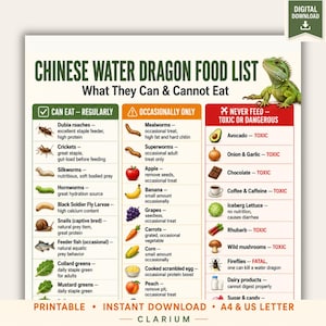 May include: A digital download chart titled Chinese Water Dragon Food List: What They Can & Cannot Eat. It features a green lizard and three columns categorized by feeding frequency: Can Eat Regularly, Occasionally Only, and Never Feed Toxic or Dangerous.