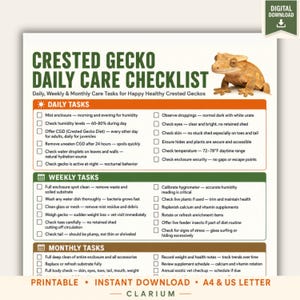 Puede incluir: Una lista de control de cuidados diarios para gecos crestados en descarga digital con la imagen de un geco beige. El documento incluye secciones para tareas diarias, semanales y mensuales con casillas de verificación para el seguimiento.
