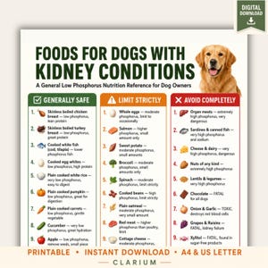 Foods for Dogs with Kidney Conditions Printable | Low Phosphorus Dog Food Chart | Dog Kidney Health Reference PDF | A4 & US Letter