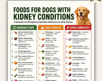 Foods for Dogs with Kidney Conditions Printable | Low Phosphorus Dog Food Chart | Dog Kidney Health Reference PDF | A4 & US Letter