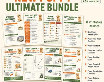 Paquete definitivo para cachorros (imprimible) / Kit completo de cuidado para cachorros (PDF) / Lista de verificación de entrenamiento, vacunas, crecimiento y socialización / Formatos A4 y Carta estadounidense