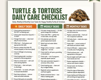 Lista de verificación para el cuidado diario de tortugas terrestres (imprimible) / Horario de cuidado de tortugas (PDF) / Tareas diarias, semanales y mensuales / Tamaño A4 (carta estadounidense) / Descarga instantánea