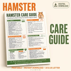 May include: A digital hamster care guide print featuring a brown hamster illustration and six numbered sections covering habitat, feeding, behavior, handling, health signs, and grooming. The text includes detailed pet care instructions.