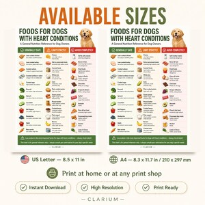 May include: A nutrition reference chart titled Foods for Dogs with Heart Conditions, featuring a golden retriever image and three color-coded columns: Generally Safe, Limit Strictly, and Avoid Completely. Includes US Letter 8.5 x 11 in size text.
