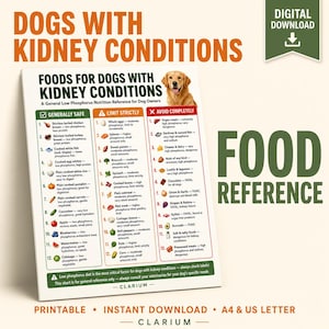 Könnte beinhalten: Eine digitale Referenztabelle mit dem Titel Foods for Dogs with Kidney Conditions, die ein Bild eines Golden Retrievers und drei farbcodierte Spalten enthält: Generally Safe, Limit Strictly und Avoid Completely, mit einer Liste von Hundefutter.