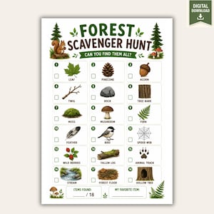 Könnte beinhalten: Ein ausdruckbares Wald-Schnitzeljagd-Blatt mit dem Titel und achtzehn nummerierten Feldern, die Illustrationen von Naturgegenständen wie Blatt, Tannenzapfen, Eichel, Zweig, Stein, Baumrinde, Moos, Pilz, Farn, Feder, Vogel, Spinnennetz, Beeren, Baumstamm, Spur, Bach, Waldboden und hohlem Baum zeigen.