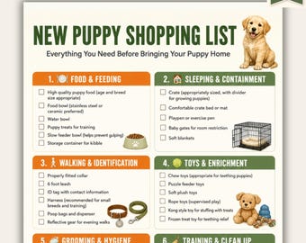Lista de compras para cachorros (imprimible) / Lista de verificación para cachorros antes de llevarlos a casa (PDF) / Guía para dueños primerizos de cachorros / Tamaños A4 y Carta estadounidense
