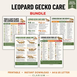 May include: A digital download bundle of five informational sheets titled Leopard Gecko Care. The documents include guides on safe plants, habitat care, daily checklists, body language charts, and food lists, all featuring illustrations of leopard geckos.