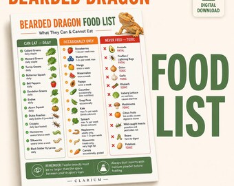 Lista de alimentos para dragones barbudos (imprimible) / ¿Qué pueden comer los dragones barbudos? / Guía de alimentos seguros y tóxicos (PDF) / Descarga instantánea / Regalo para dueños de reptiles