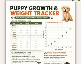Registro de crecimiento y peso de cachorros imprimible / Tabla de peso para cachorros en PDF / Seguimiento del crecimiento del cachorro durante el primer año / Tamaño A4 (carta estadounidense) / Descarga instantánea