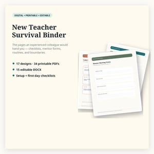 Nouveau classeur de survie pour enseignant : configuration de la classe modifiable, notes du mentor, routines (PDF + DOCX)