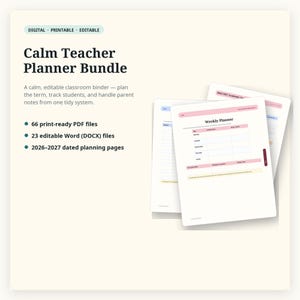 May include: A digital Calm Teacher Planner Bundle featuring 66 print-ready PDF files, 23 editable Word files, and 2026-2027 dated planning pages. The image displays a weekly planner layout with a light background and soft pink accents.