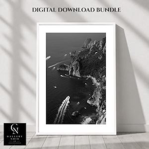 Amalfi Coast Photography Print | Black White Italy Seascape | Dramatic Cliffs Boats Wall Art | Italian Riviera Print | Digital Download