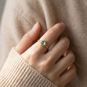 Sterling Silver Sun Ring Adjustable 18k Gold Sunburst Ring Aqua Blue Stone Ring Minimalist Celestial Jewelry Dainty Ocean Amulet Boho Gift
