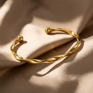 Gold Twisted Cuff Bracelet for Women, Minimalist Wave Bangle, Open Mobius Torque Bracelet, Waterproof Stackable Jewelry Gift for Her