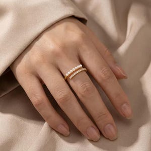 Pearl Gold Ring Dainty Double Layer Ring Pearl Pavé Open Ring Adjustable Stackable Ring Minimalist Bridesmaid Gift Pearl Jewelry for Her